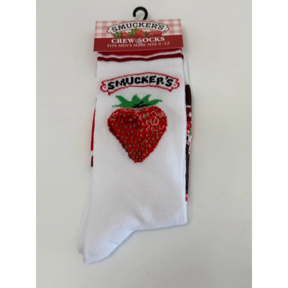 Smuckers Strawberry Jam Crew Socks Mens Shoe Size 6-12 White Red Odd Sox Novelty